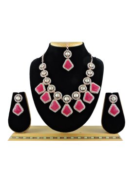 Superb Rose Pink and White Stone Work Necklace Set For Ceremonial