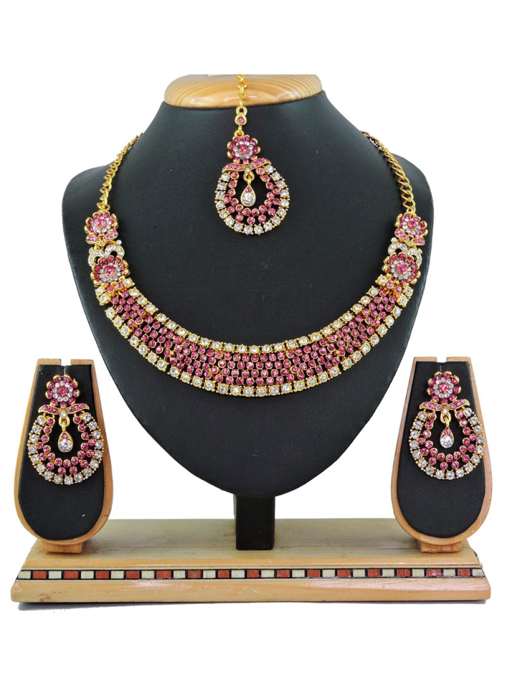 Superb Stone Work Hot Pink and White Gold Rodium Polish Necklace Set