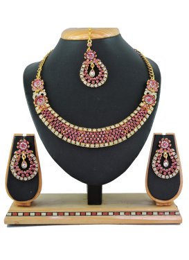 Superb Stone Work Hot Pink and White Gold Rodium Polish Necklace Set