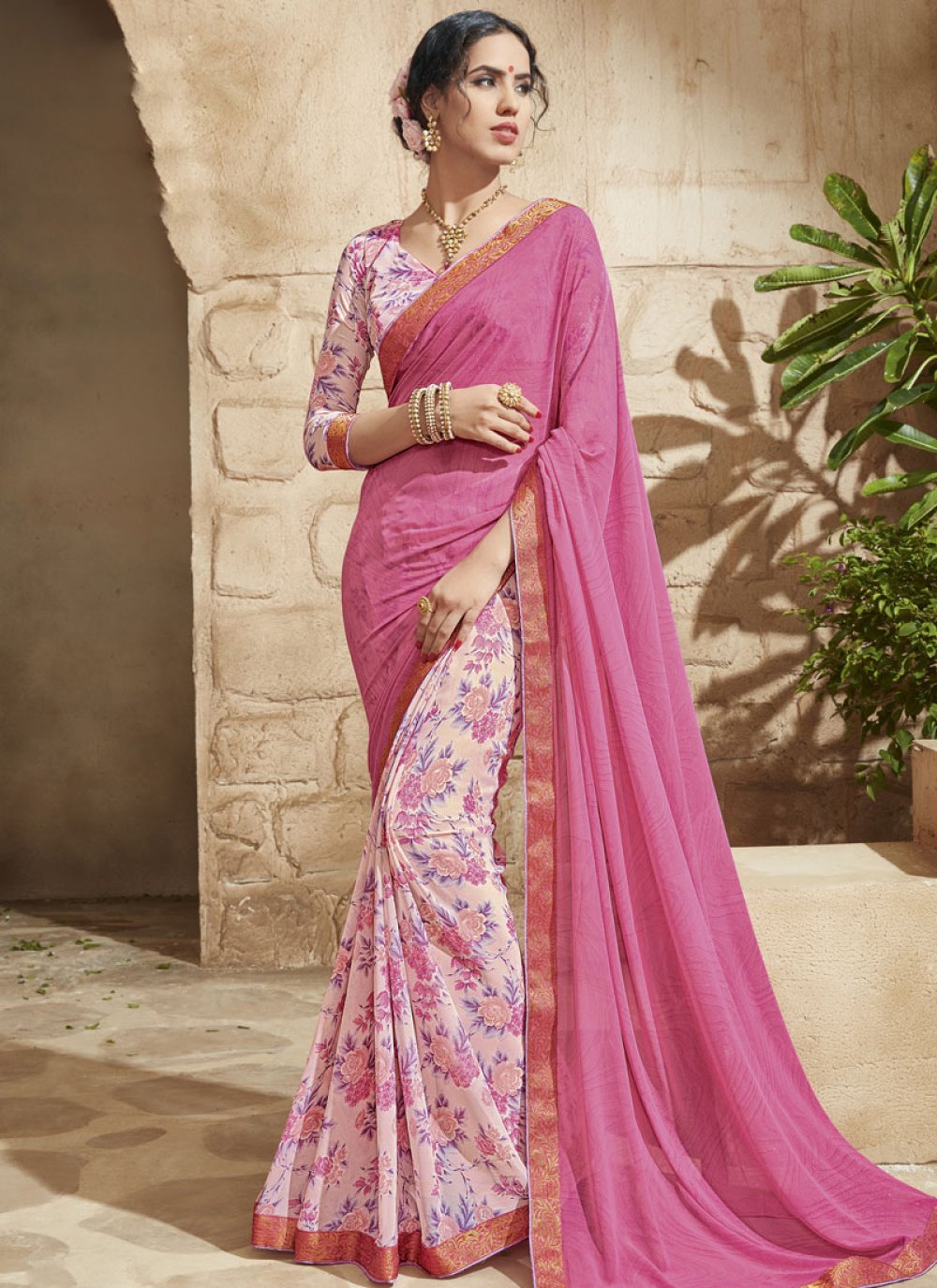 Superlative Hot Pink And Off White Color Half N Half Party Wear Saree