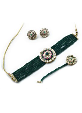 Swanky Alloy Bottle Green and White Necklace Set For Festival
