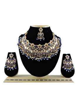Swanky Alloy Gold Rodium Polish Navy Blue and White Beads Work Necklace Set