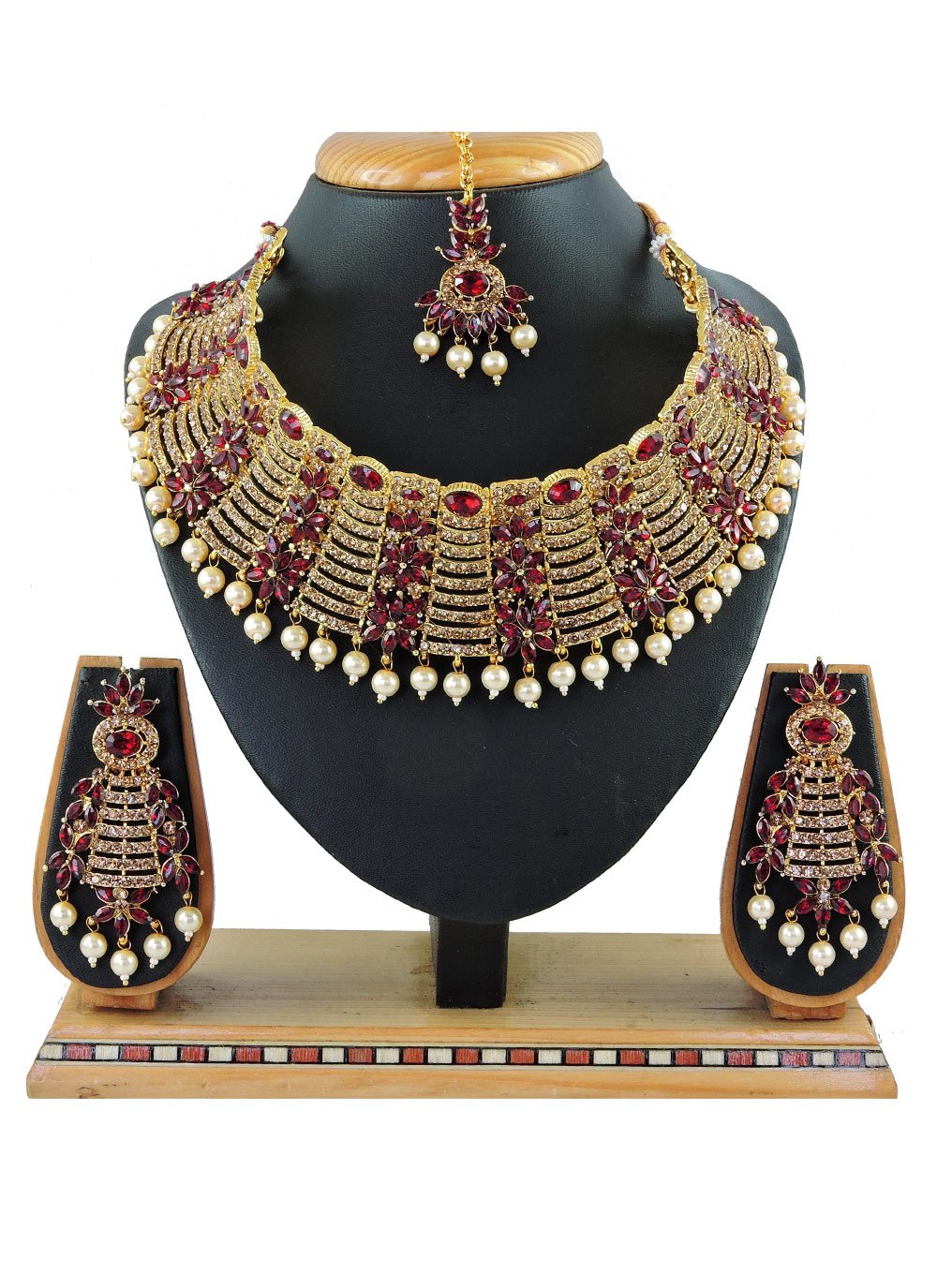 Swanky Alloy Moti Work Gold and Maroon Necklace Set