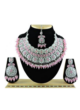 Swanky Alloy Silver Rodium Polish Beads Work Pink and White Necklace Set