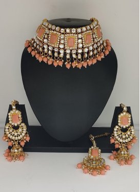 Swanky Beads Work Peach and White Gold Rodium Polish Necklace Set
