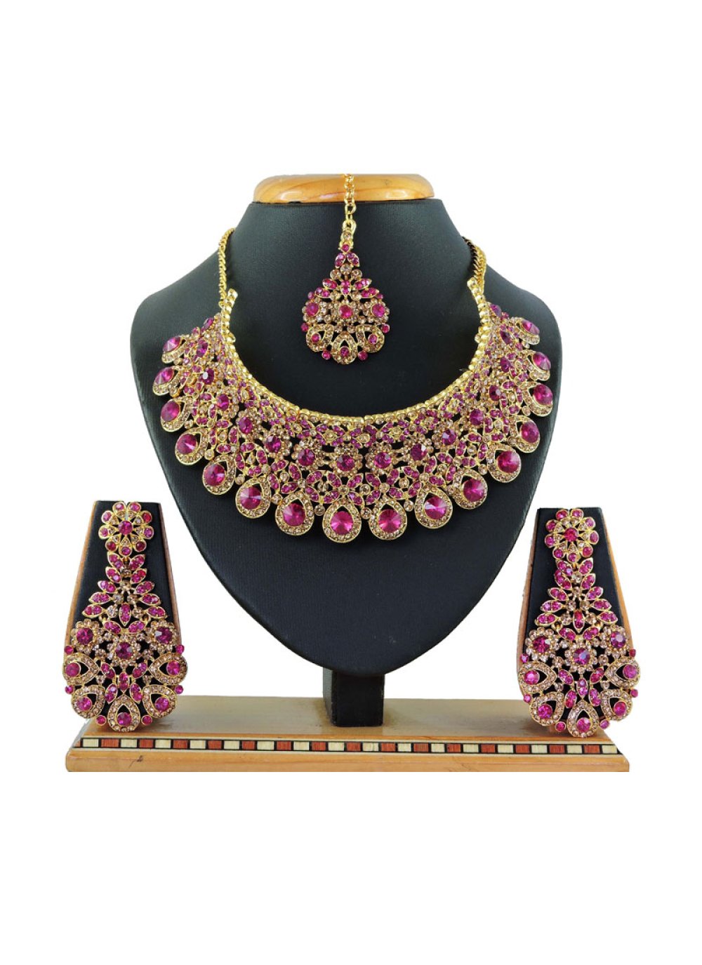 Swanky Fuchsia and Gold Stone Work Necklace Set For Bridal