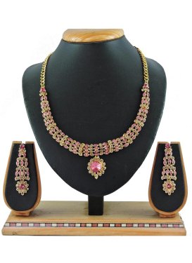 Swanky Gold Rodium Polish Beads Work Alloy Gold and Pink Necklace Set For Festival
