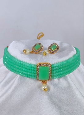 Swanky Gold Rodium Polish Beads Work Sea Green and White Necklace Set for Festival