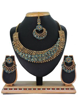 Swanky Gold Rodium Polish Stone Work Alloy Gold and Teal Necklace Set