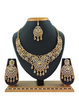 Swanky Gold Rodium Polish Stone Work Alloy Gold and White Necklace Set For Party