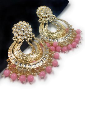 Swanky Off White and Pink Beads Work Gold Rodium Polish Earrings