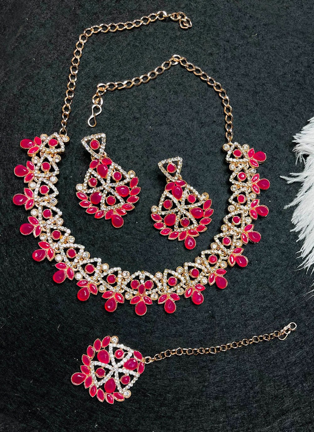 Swanky Rose Pink and White Stone Work Necklace Set For Festival