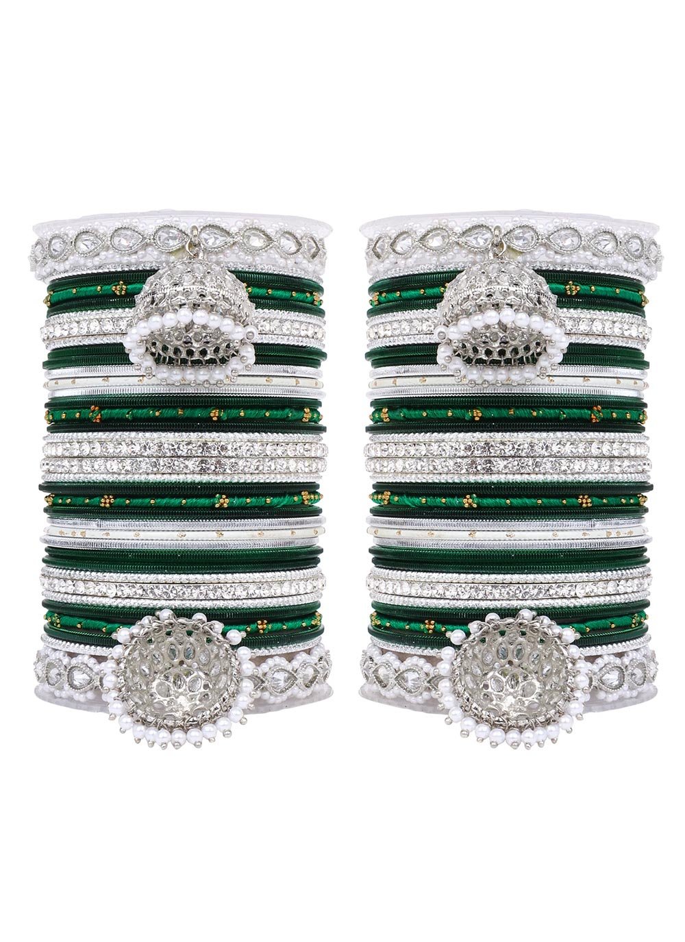 Swanky Silver Rodium Polish Beads Work Green and White Bangles for Bridal