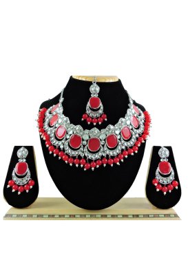 Swanky Silver Rodium Polish Red and White Necklace Set For Party