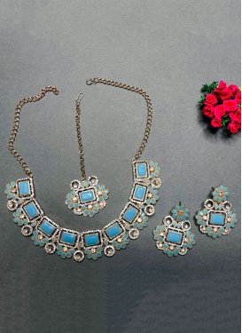 Swanky Stone Work Light Blue and White Necklace Set for Festival