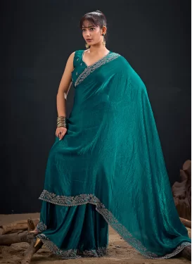 Swarovski Work Fendi Silk Traditional Saree in Teal for Ceremonial