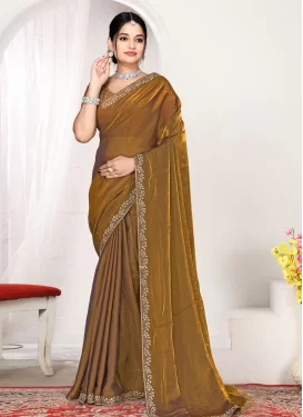 Swarovski Work Satin Silk Classic Saree in Gold for Women