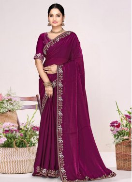 Swarovski Work Satin Silk Traditional Saree in Fuchsia for Festival
