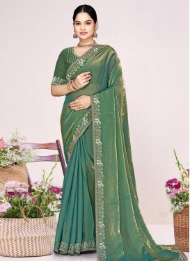 Swarovski Work Satin Silk Traditional Saree in Olive for Festival