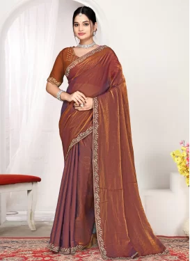 Swarovski Work Satin Silk Traditional Saree in Orange for Women