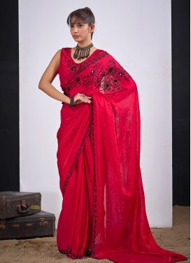 Swarovski Work Satin Silk Traditional Saree in Rose Pink for Women