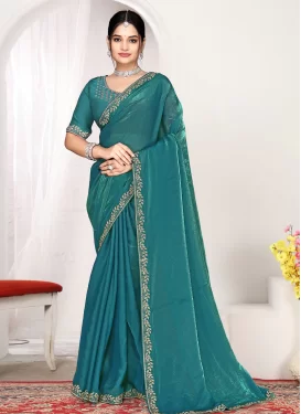 Swarovski Work Satin Silk Traditional Saree in Teal for Festival
