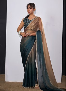 Swarovski Work Satin Silk Trendy Saree in Brown and Teal for Women