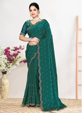 Swarovski Work Satin Silk Trendy Saree in Green for Women
