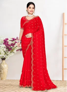 Swarovski Work Satin Silk Trendy Saree in Red for Ceremonial