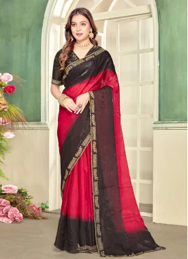 Swarovski Work Satin Silk Trendy Saree in Rose Pink for Women