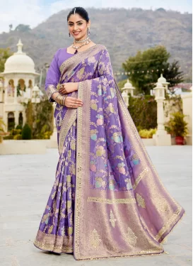 Swarovski Work Traditional Saree For Bridal in Violet