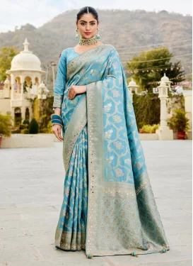 Swarovski Work Viscose Traditional Saree in Firozi for Women