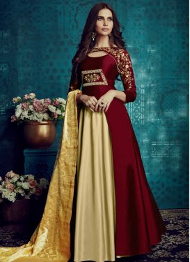Tafeta Silk Cream and Maroon Embroidered Work Readymade Designer Gown