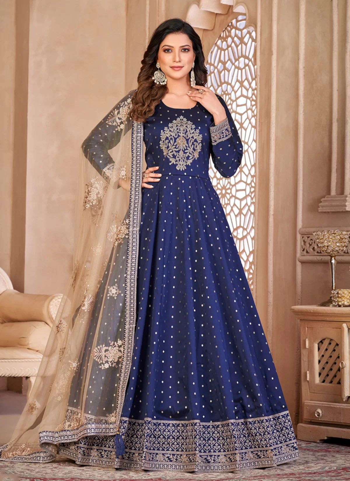 Buy Tafeta Silk Long Length Designer Anarkali Suit Online