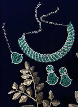 Talismanic Alloy Stone Work Green and White Silver Rodium Polish Necklace Set