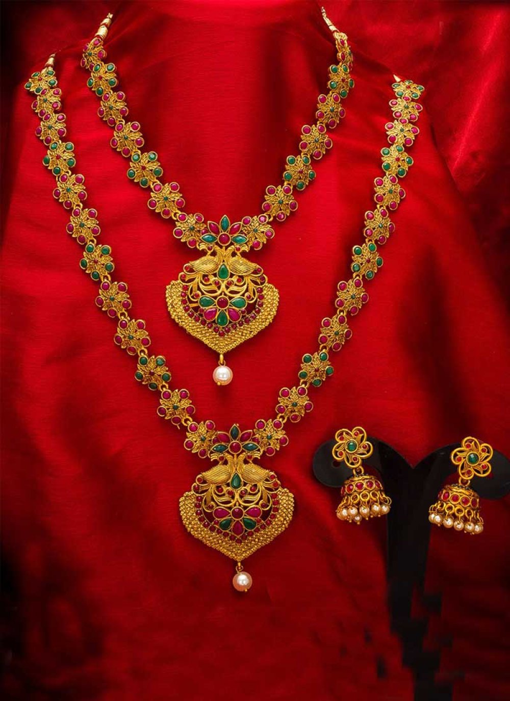 Talismanic Gold and Green Gold Rodium Polish Stone Work Necklace Set
