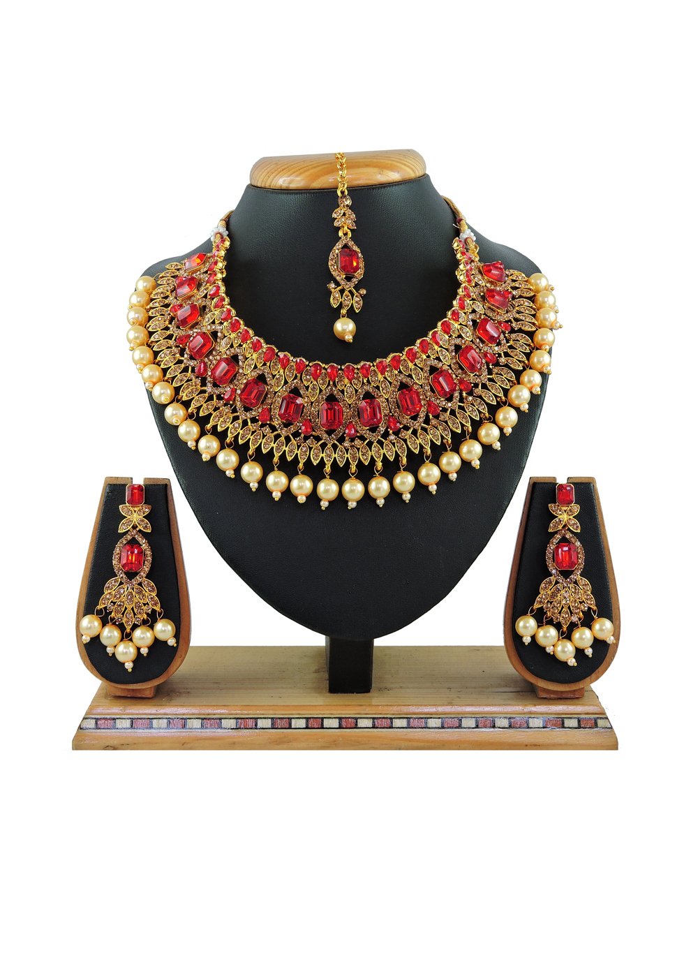Talismanic Gold Rodium Polish Beads Work Alloy Gold and Red Necklace Set For Festival