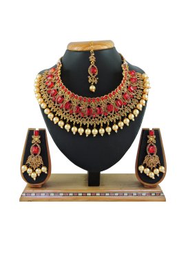 Talismanic Gold Rodium Polish Beads Work Alloy Gold and Red Necklace Set For Festival