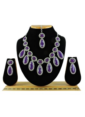 Talismanic Silver Rodium Polish Purple and White Stone Work Necklace Set