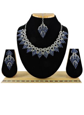 Talismanic Silver Rodium Polish Stone Work Alloy Navy Blue and Silver Color Necklace Set