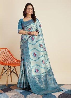 Teal and Turquoise Woven Work Art Silk Trendy Classic Saree