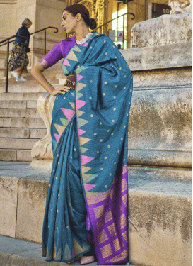 Teal and Violet Woven Work Traditional Designer Saree