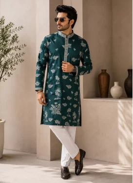 Teal and White Fancy Fabric Kurta Pajama with Digital Print Work for Party