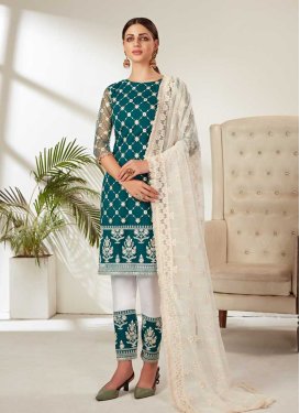 Teal and White Pant Style Classic Salwar Suit For Ceremonial