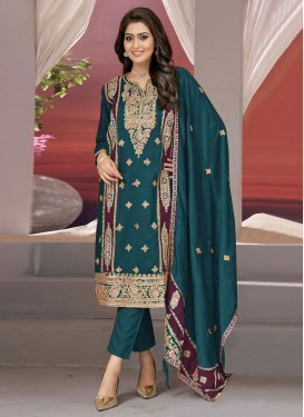 Teal and Wine Pant Style Pakistani Salwar Suit For Ceremonial
