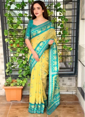 Teal and Yellow Cotton Silk Traditional Saree with Woven Work for Festival