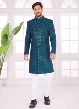 Teal Art Silk Wedding Sherwani with Cutdana Work for Festival