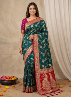 Teal Banarasi Silk Trendy Saree with Woven Work for Festival