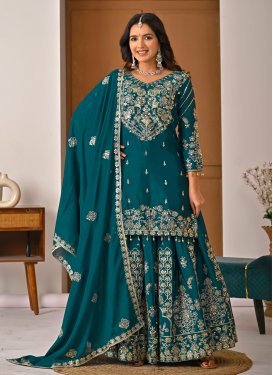 Teal Chinon Kameez Style Lehenga Choli with Embroidered Work for Festival