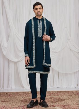 Teal Fancy Fabric Kurta Pajama With Jacket with Cutdana Work for Festival